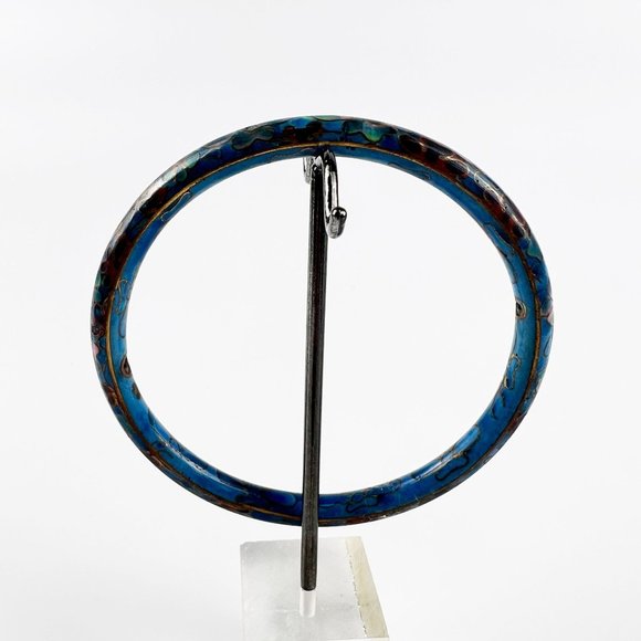 Vintage Chinese Blue Cloisonne Enamel Floral Round Bangle Bracelet - Picture 3 of 7